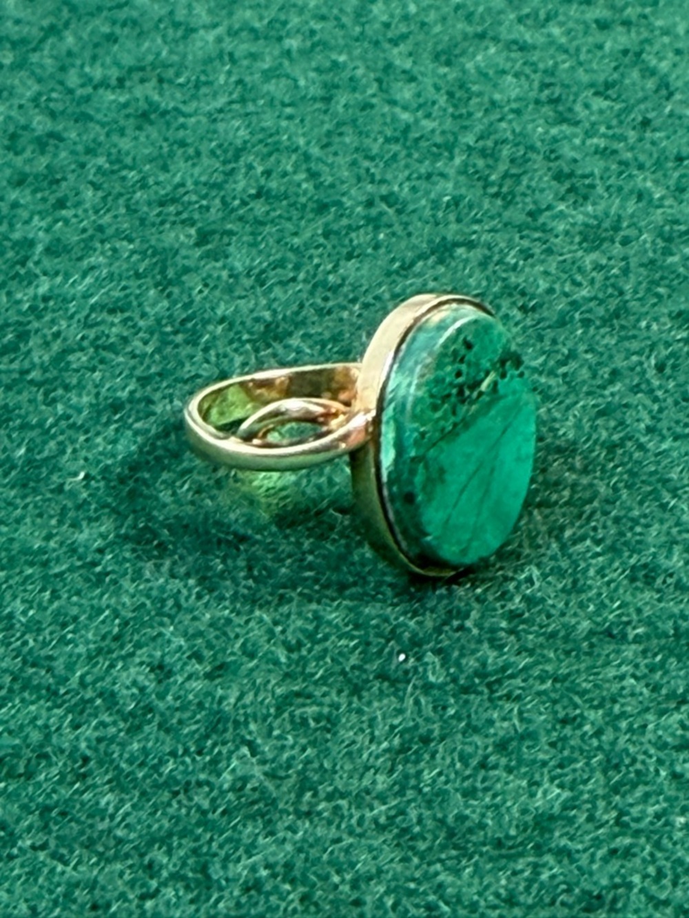 14K Gold Malachite Ring Oval Cabochon Green Stone Statement Ring - Picture 6 of 14
